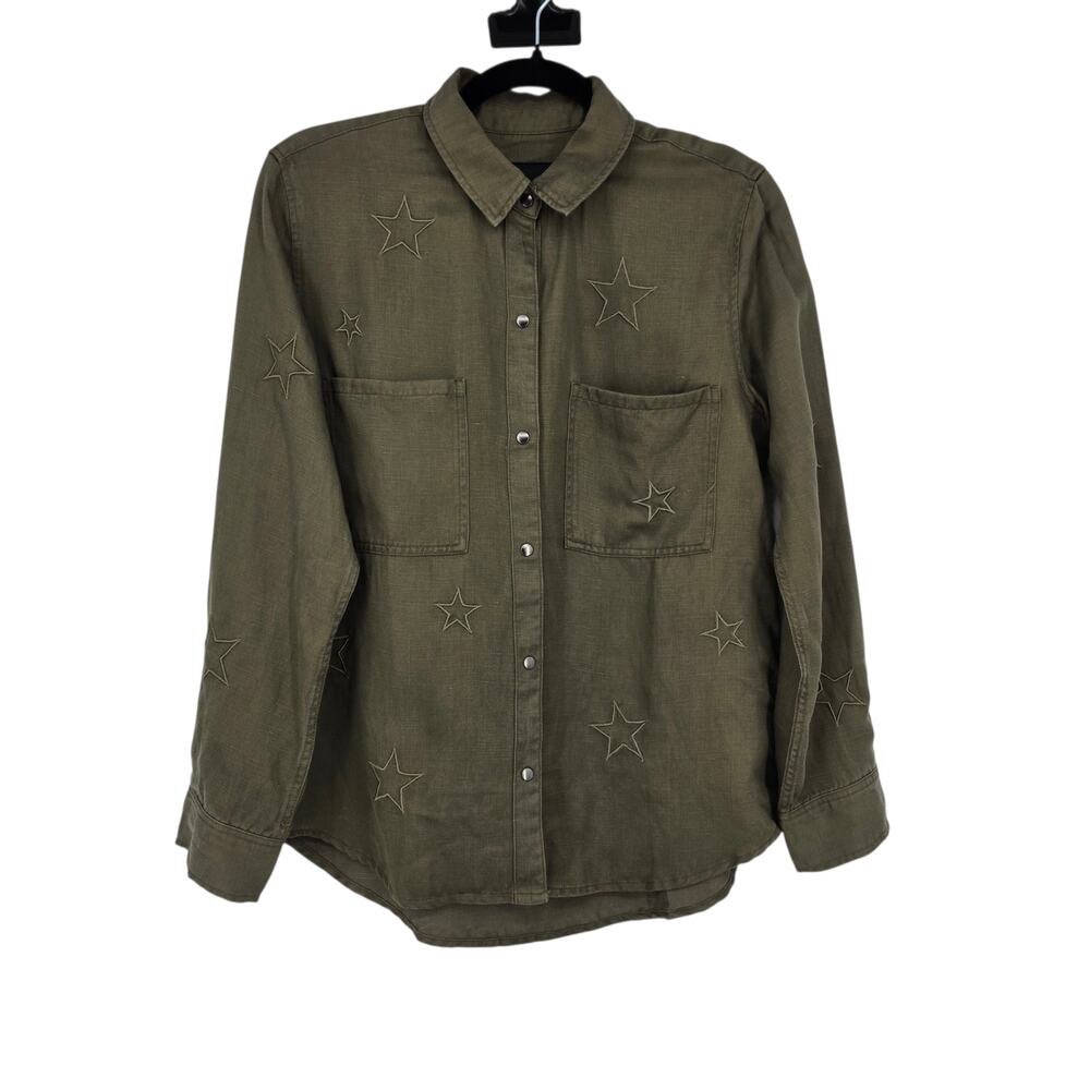 NWT Rails Olive Green Marcel Embroidered Stars Long Sleeve Snap Front Top Size S